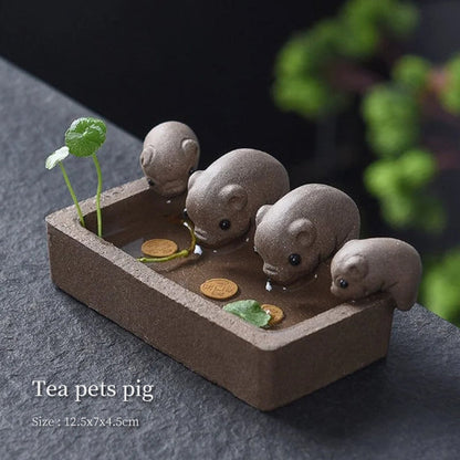 Tea Pet | Handcrafted Yixing Purple Clay Pig Drinking Trough, Ceramic Pig Tea Pet Decor iTeapet