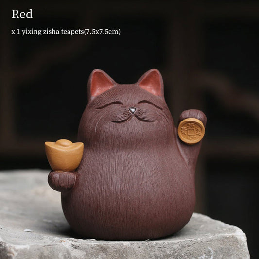 Tea Pet | Prosperous Fortune Cat Yixing Creative Cartoon Purple Clay Tea Pet Decor Sculpture Tangpin Tea